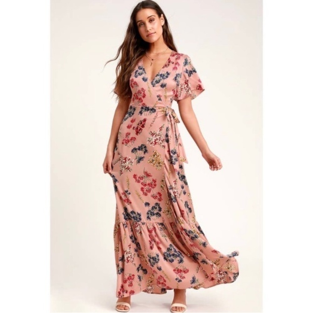 Lulus Mystic Mondays Pink Floral Print Wrap Maxi Dress, Short Sleeves size XS/S - Picture 8 of 15